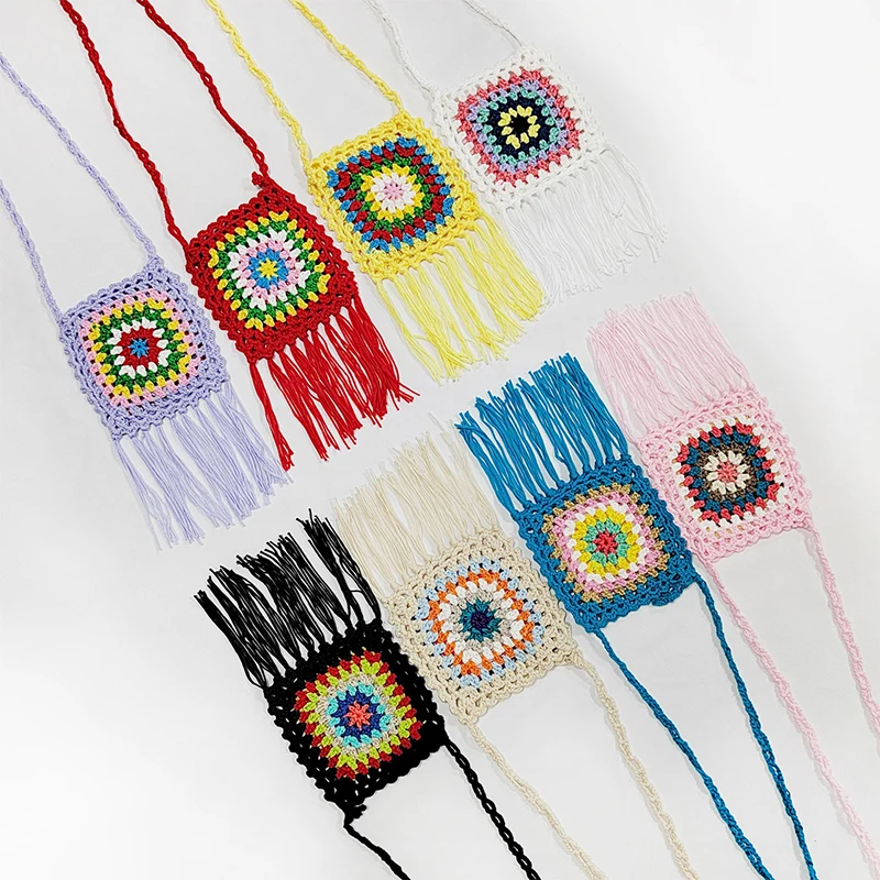 

Flower Tassel Crossbody Bags for Women Handmade Yarn Crochet Women Shoulder Bag Mini Square Phone Flap Handbags and Purses INS