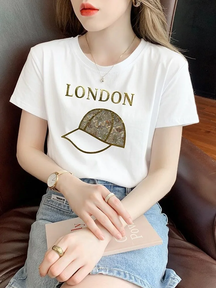 TuangBiang лето 2022 блестящая хлопковая футболка с буквенным принтом лондонская шляпа