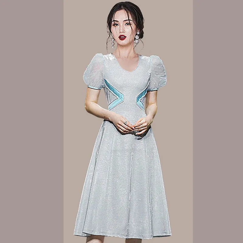 

Summer Retro V Neck Puff Sleeve High Waist Beaded Bow Lace Up Slim Elegant Vestido Fashion Office Lady Midi Dresses For Women