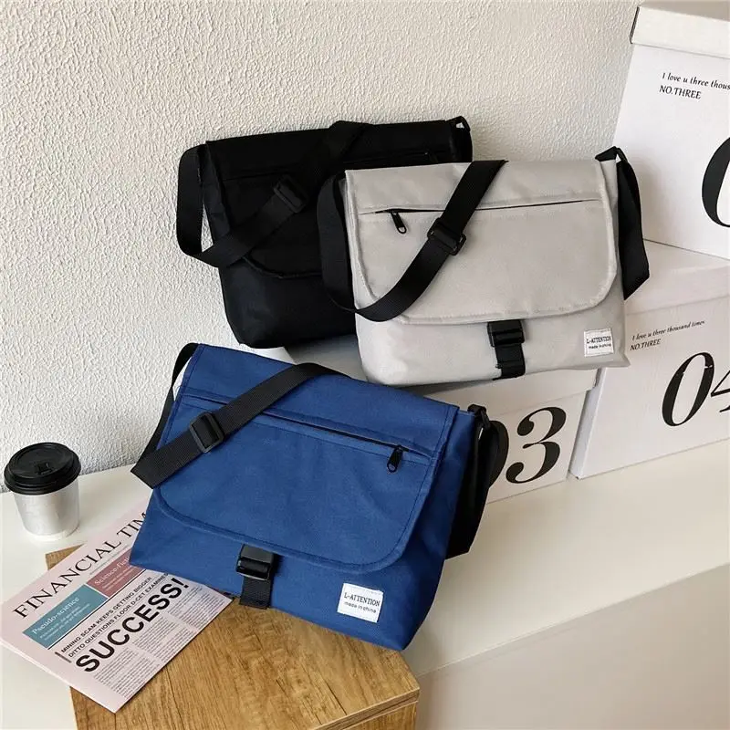 Unisex Japanese and Korean Casual Messenger Bag Solid Color  Large Capacity Nylon Messenger Bag Men's Bag