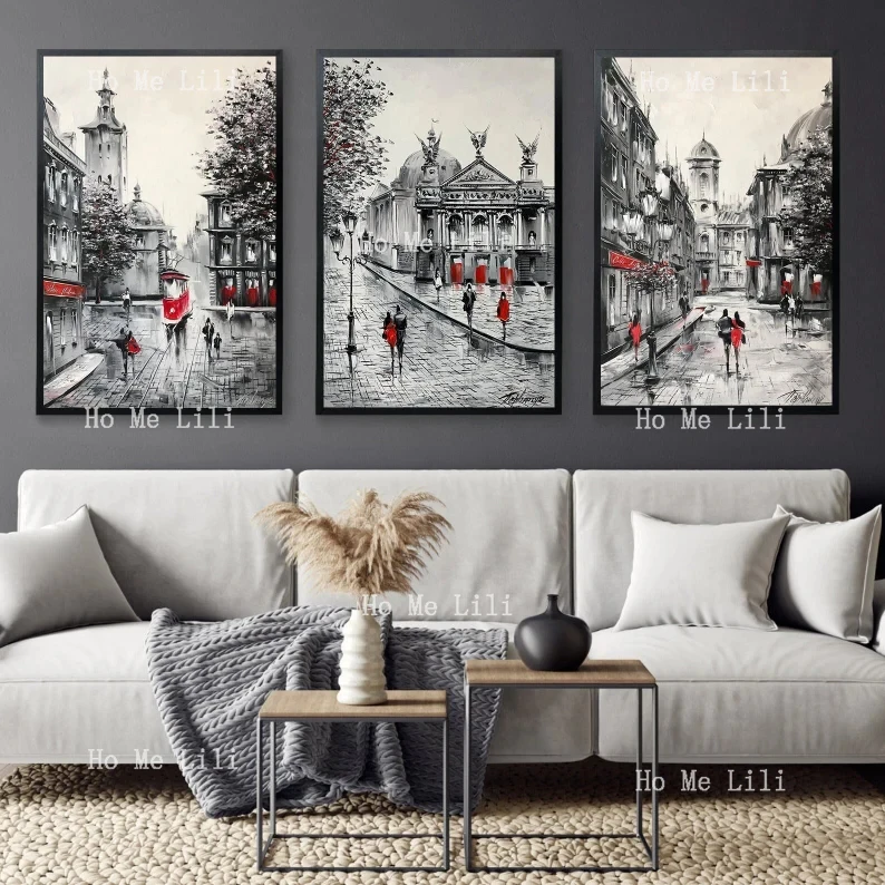 Настенное искусство из трех частей Черно-красные картины на холсте Ретро город