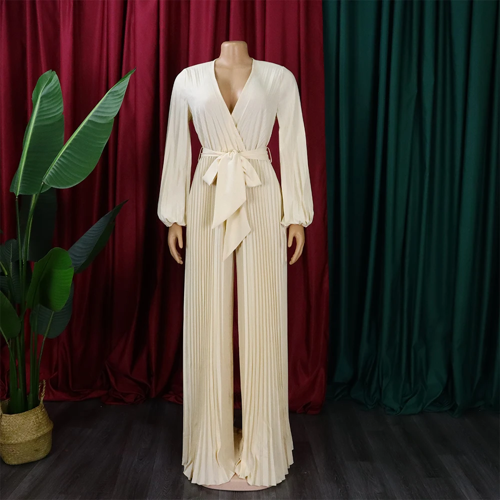Elegant Pleated Jumpsuits & Rompers for Women Full Sleeve V Neck High Waisted Autumn Fall Fashion Evening Party Birthday Overall
