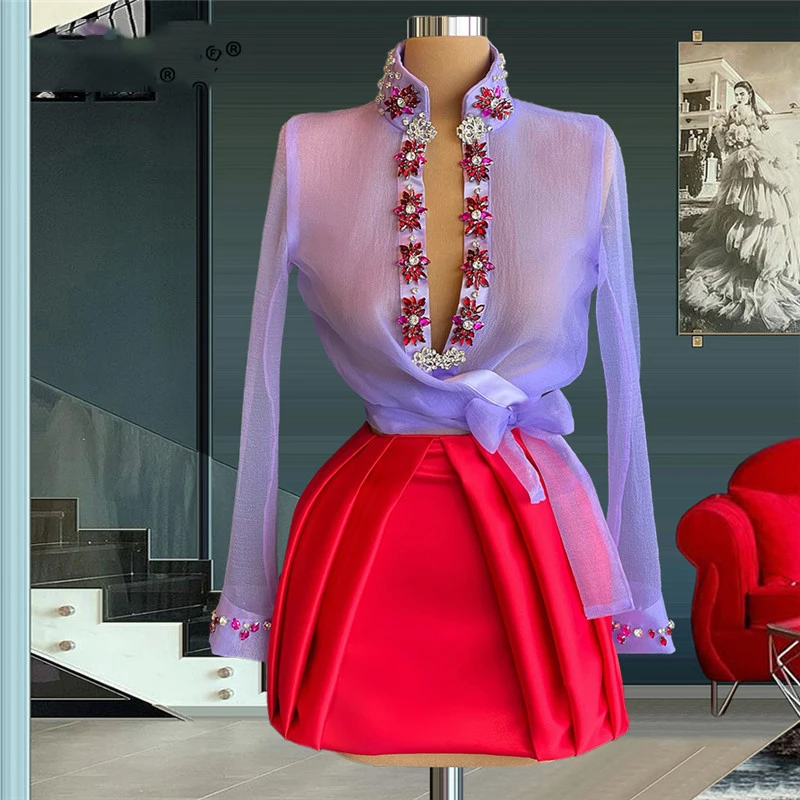 Elegant 2 Pieces Women Dresses Lavender Blouse And Red Satin Skirts Sexy See Thru Crystal Gowns To Party