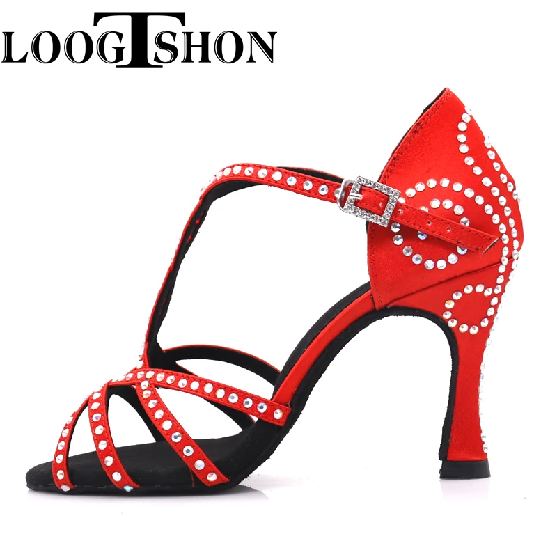 Loogtshon latin dance shoes woman Latin Dance Shoes shining RED  satin Women Salsa party Ballroom shoes