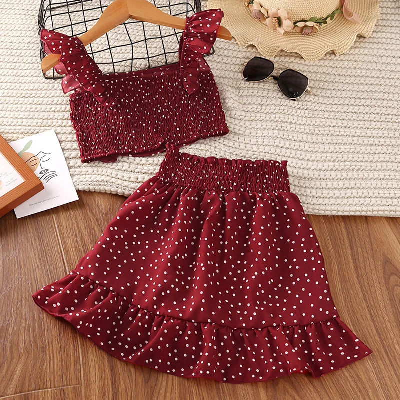 Children's Clothing for Girls 2022 Summer New Fashion Flying Sleeve Polka Dots Square Collar Top+Ruffled Skirt 2Pcs Suit Kids 6Y