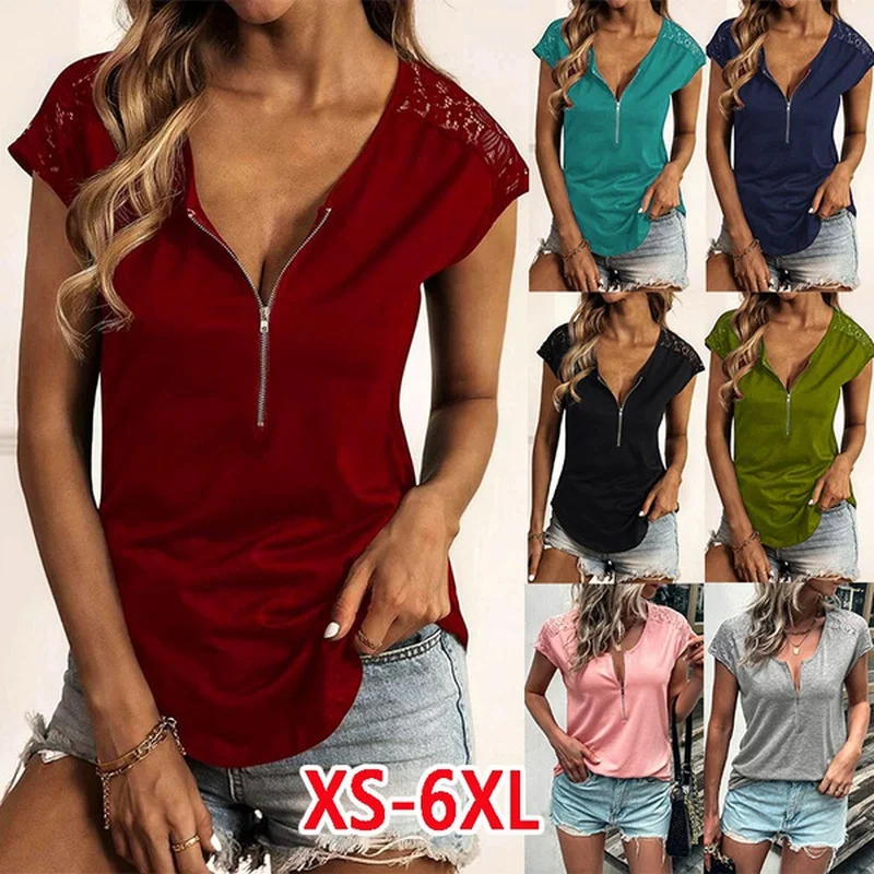 

2023 Women Fashion Casual Half Zipper Stitching Lace Short-sleeve T-shirt Summer Loose Deep V-Neck Tops