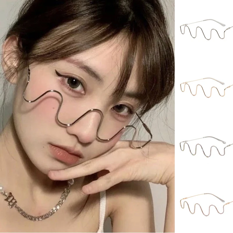 

Diamond Eyeglasses Frames Women Fashion Unique Wave Shape Decorative Sunglasses Frame Without Lens Ladies Vintage Fake Glasses