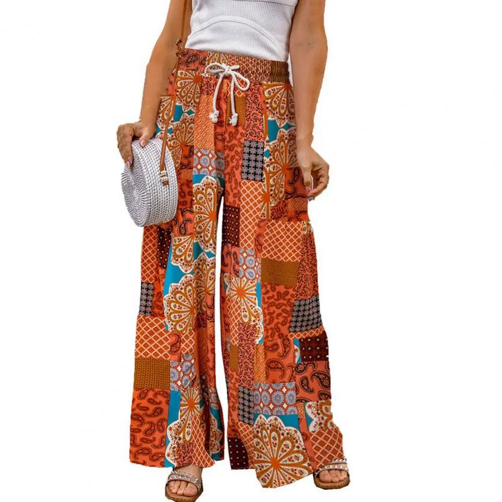 Women Summer Pants Ethnic Style Colorful Print Elastic Waist Drawstring Wide Leg Match Top Loose Bohemia Mid Waist Lady Trousers