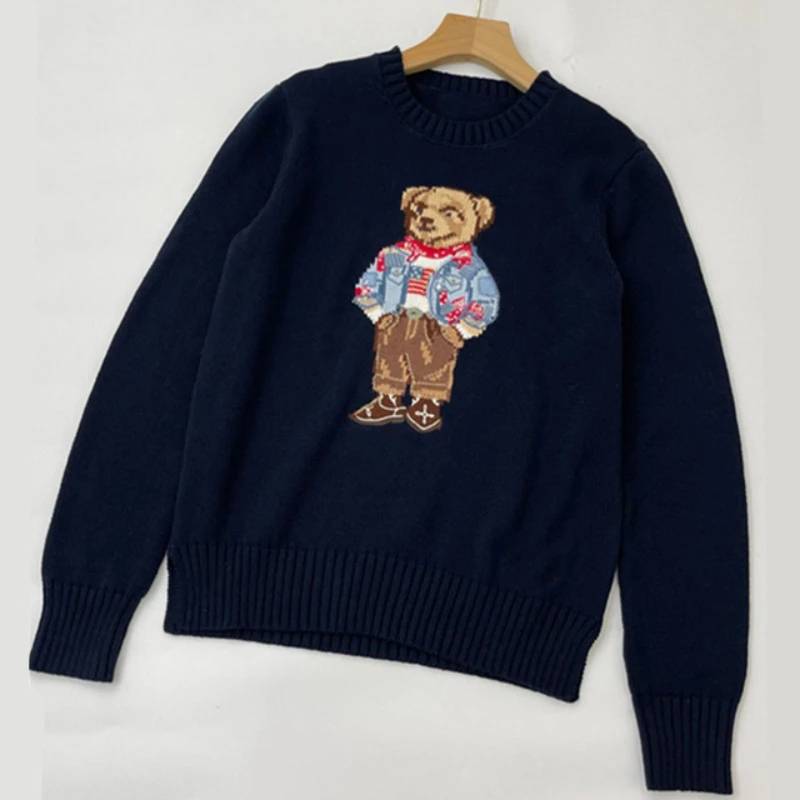 

New Women's Cartoon Bear Embroidery Sweater Fashion Long Sleeve Knitted Pullover Sweater Wool Cotton Soft Unisex Knit Pullover