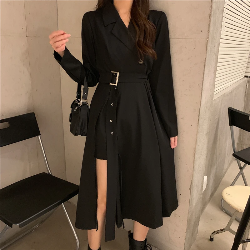 

Vintage Punk Bandage Maxi Dresses for Women Streetweear Balck Long Blazer Dress with Belt Korean Fashion Style Long Sleeve Dress