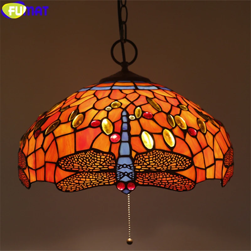 

FUMAT 16" Tiffany Yellow Red Orchid Dragonfly Stained Glass Pendant Lamp Red Rose Gemstone Handicraft Arts Hanging Light Fixture