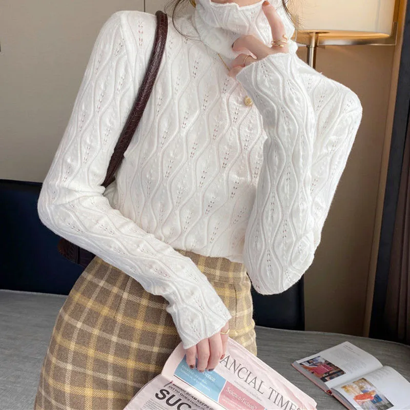 

2022 Autumn Winter Solid Color Turtleneck Sweater Women Rhombus Hollow Out Design Self-cultivation Inside Join Korean Tops