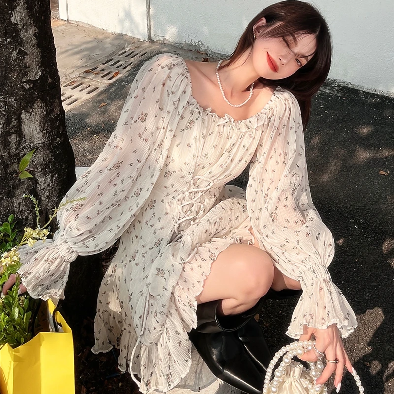 

Women Summer Dress 2023 New O-neck Long Sleeve Pleated Chiffon Dress Sweet Floral Printing Lace up Two Wear Vestidos 135A