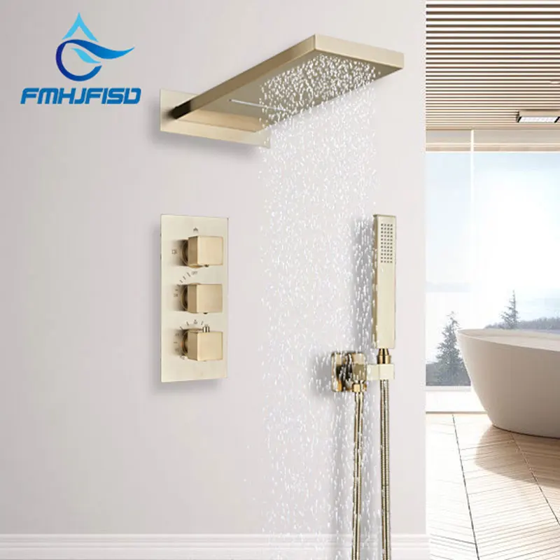 

Thermostatic Shower Set Brushed Gold Bathroom faucet Hot and Cold Mixer Tap Rainfall Waterfall Shower Wall Mounted Head 3 ways