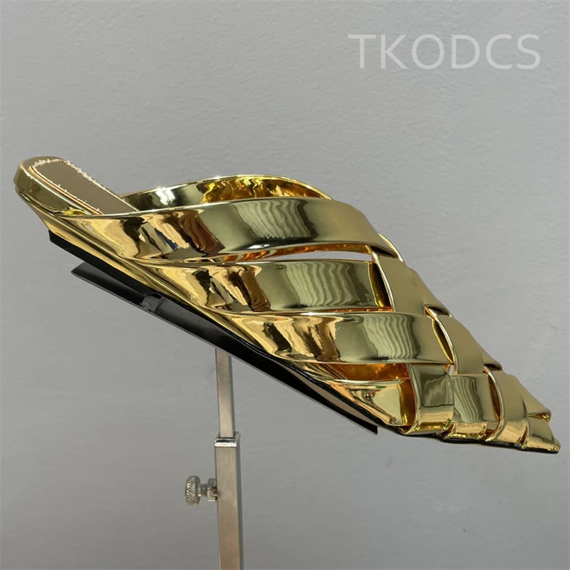 

Hand Woven Real Leather Flat Slippers Women New Outside Summer Pointed Toe Mules Women Beach Slides Sexy High Heels Slippers