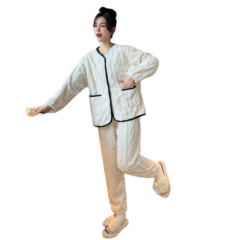 Autumn and Winter New Thickened Cotton Velvet Coral Velvet Pajamas Women's Long-Sleeved Trousers Warm Suit Flannel Home Wear