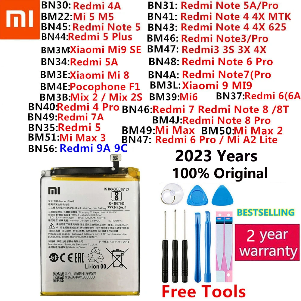 

Original Battery Xiaomi Mi Redmi Note Max Mix 2 A2 3 3S 3X 4 4X 4A 5 5A 5S 5X M5 6 6A 7 7A 8 8T 9 Mi9 SE Pro Plus Lite batteries