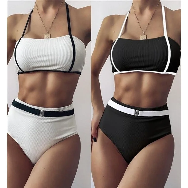 

Sexy Black&White Patchwork Swimwear Female Bandeau Bikini Set Women Belt High Waist Bathing Suit For Women Biquini