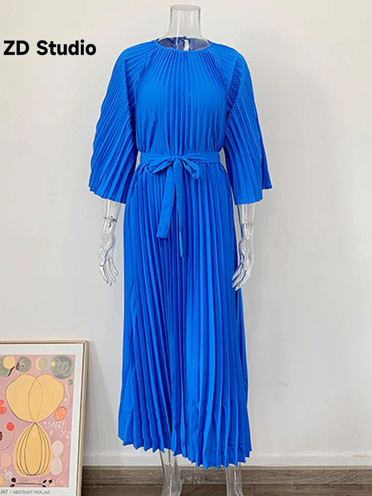 

[ZD Studio] Casual Pleated A-line Dress For Women Round Neck Belt Solid Color Dresses Party 2023 Autumn New Clothing
