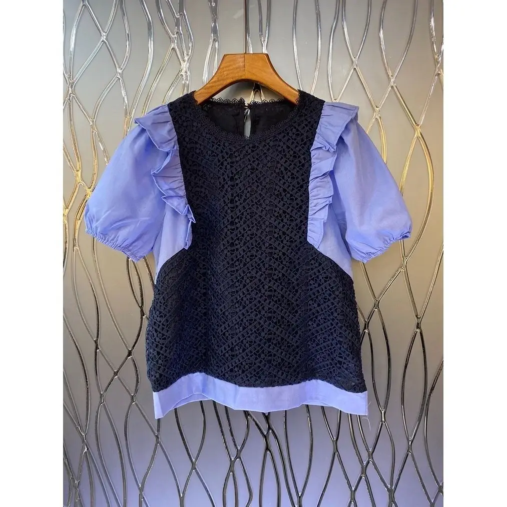 

VANOVICH 2022 Summer New Women's Fashion Top Sweet O-neck Edible Tree Fungus Patchwork Solid Color Lace Temperament Casual Tops