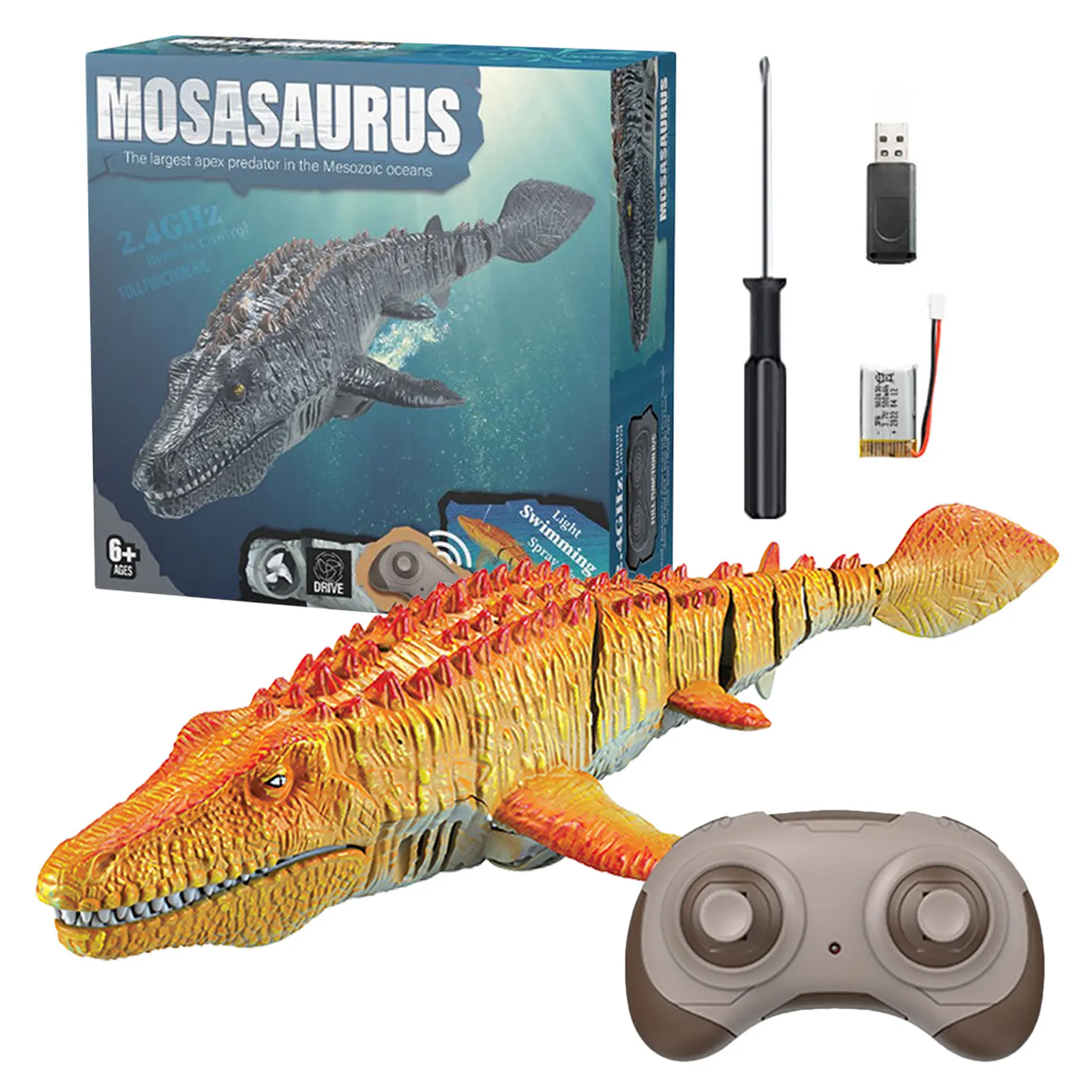 

Имитация электрической лодки Mosasaurus с подсветильник кой и распылением воды, Радиоуправление, игрушка для дайвинга Mosasaurus, подарок для детей, ...