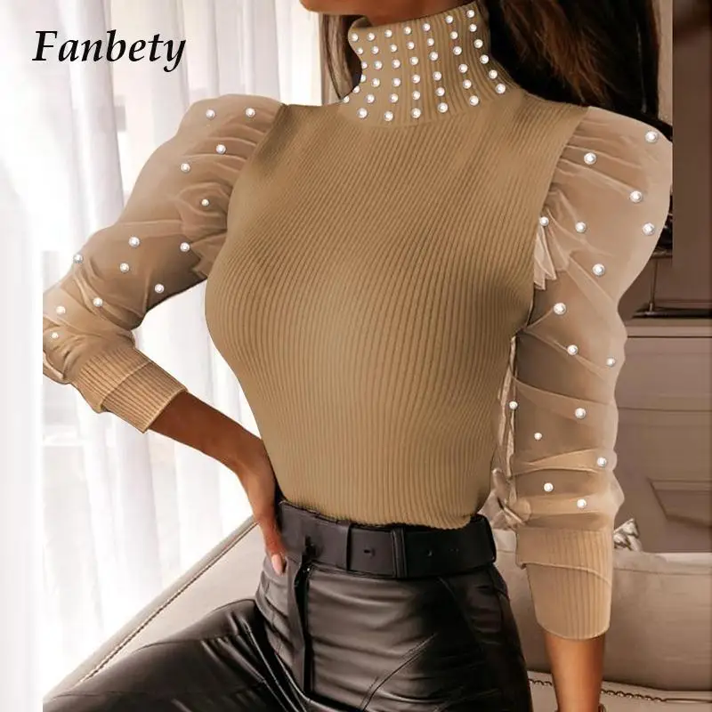 

2023 Fashion New Beaded Turtleneck Inside Tops Ladies Elegant Slim Ribbed Kniited Blouses Shirts Women Button Long Sleeve Blusas