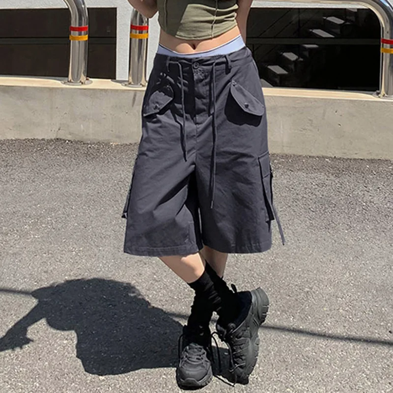 Goth Dark Grunge Y2k Streetwear Bermuda Shorts Vintage Gothic Casual Baggy Cargo Pants Women Fashion Low Raise Pocket Jorts 2023