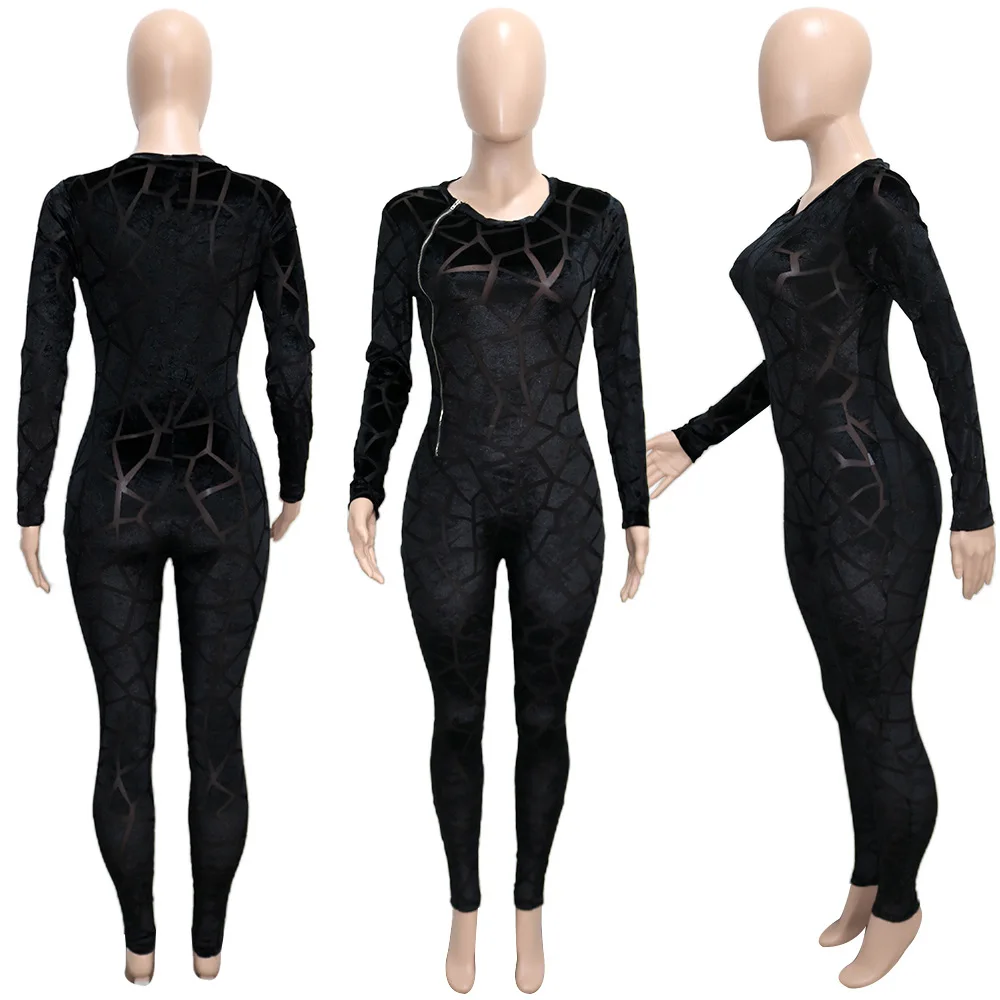 Ladies jumpsuit spring and autumn sexy round neck hollow flocking mesh stitching zipper long-sleeved bodysuit women's nightclub