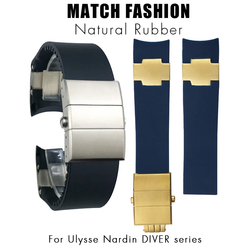 

Natural Rubber Watchband 22mm Fit for Ulysse Nardin Diver Black Blue Silicone Watch Strap Silver Rose Gold Folding Buckle