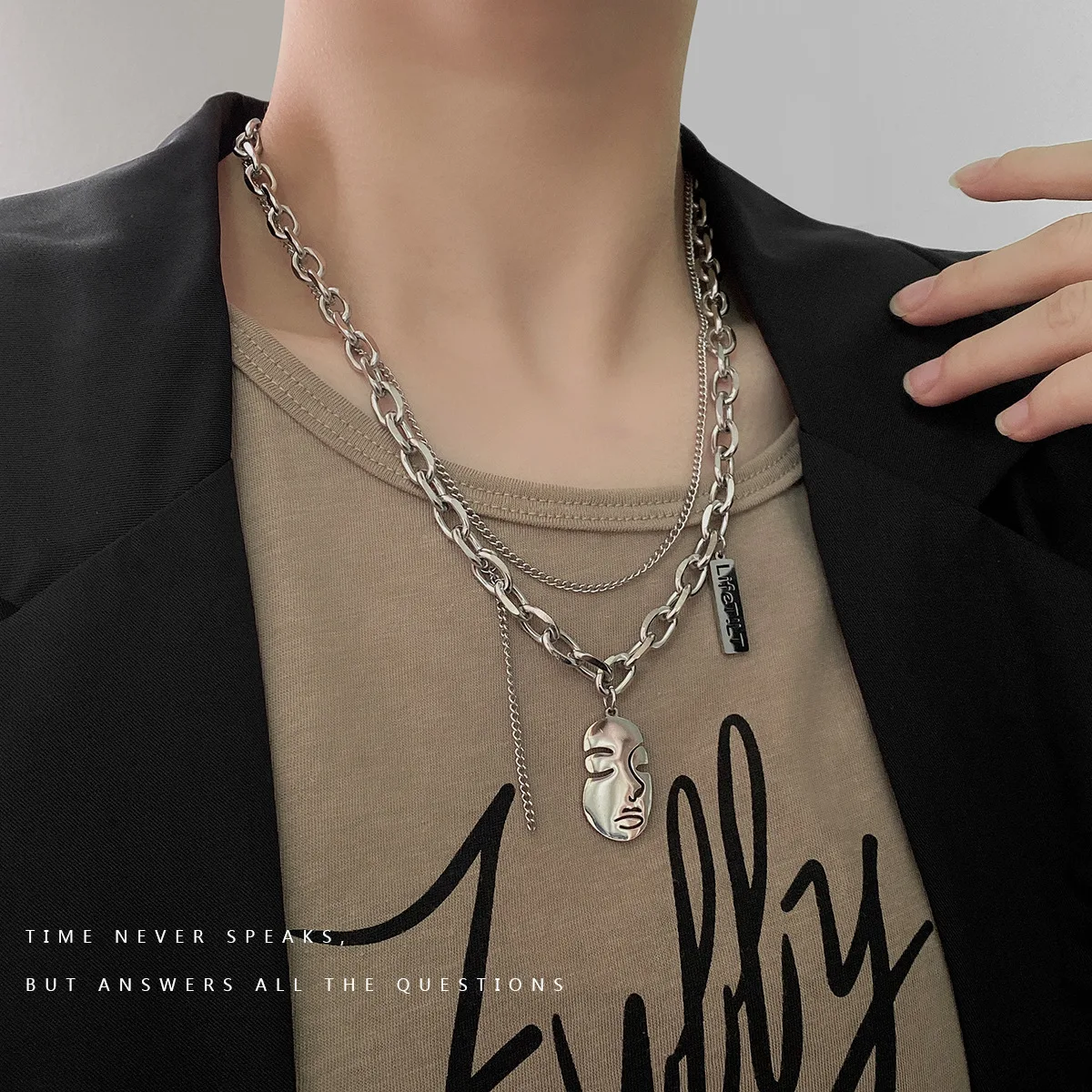 

Titanium Stainless Steel Mask Hip-hop Charm Pendant Necklace for Drama Theater and Actors Silver Finish Pendant Necklace,Women