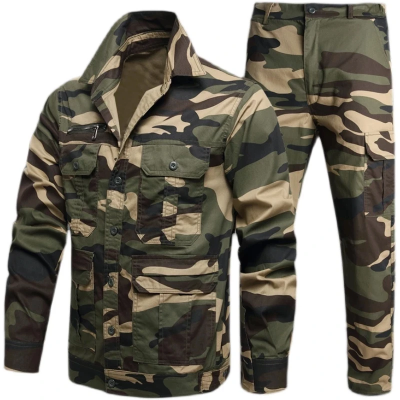 Spring Camouflage Suit Outdoor Men's Thin Hunting Jackets Pants Sets Cotton Breathable Multi-Pocket Wear-Resistant Work Clothes