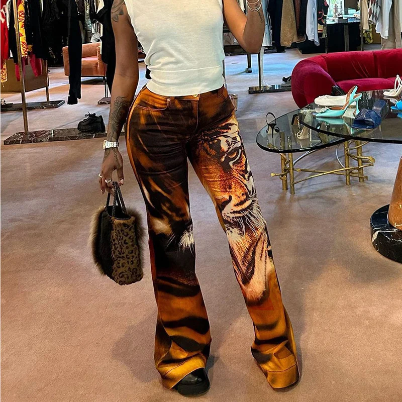 

Женские брюки-клеш с принтом тигра, узкие эластичные повседневные брюки с высокой талией, модель Y2K на лето, 2023