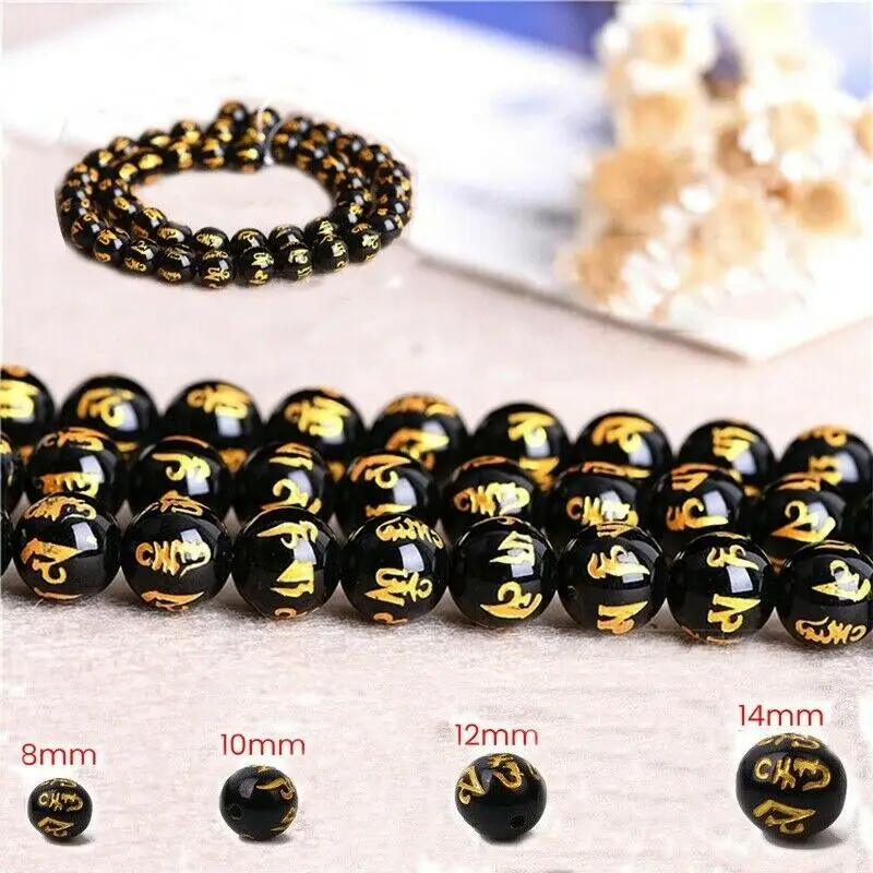 

50/100pcs 8mm-14mm Buddha Beads Charms Black Color with Carving Gold Dragon Chinese Pixiu for Bracelet DIY Jewelry Making