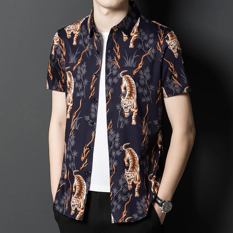

Мужская летняя рубашка из мерсеризованного хлопка, с короткими рукавами и принтом