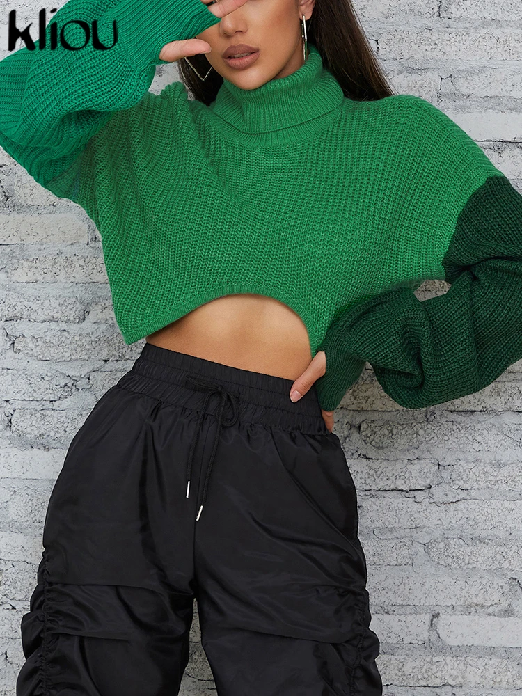 ond dzianinowy patchworkowy sweter damski Hipster z golfem luźny nieregularny kształt dopasowany kolorystycznie krótkie bluzki Lady Casual odzież