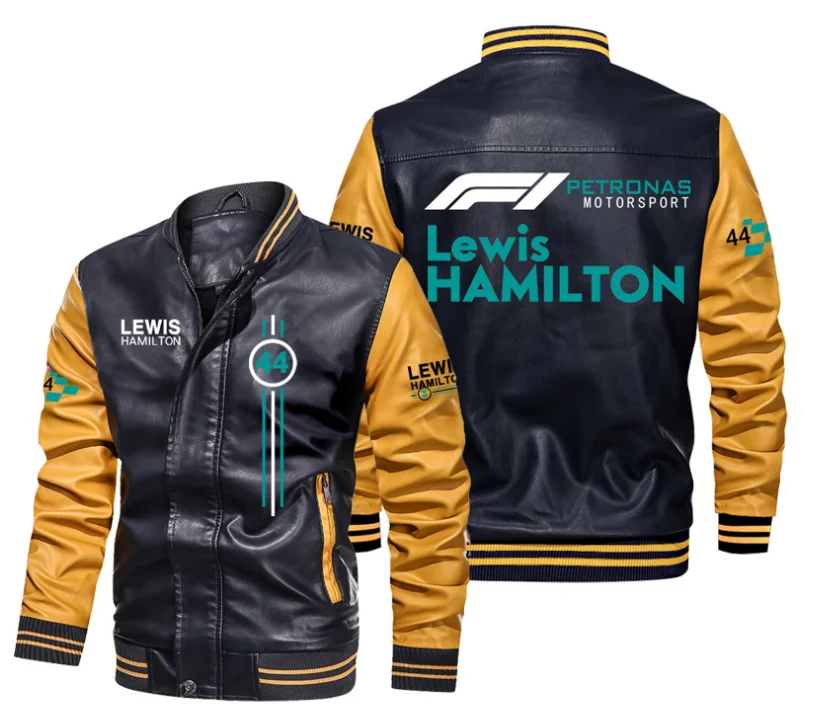 Retro Men's bomber Lewis Hamilton F1 logo Jackets Autumn Casual Motorcycle PU Jacket Biker Leather Coats Brand Clothing EU Size