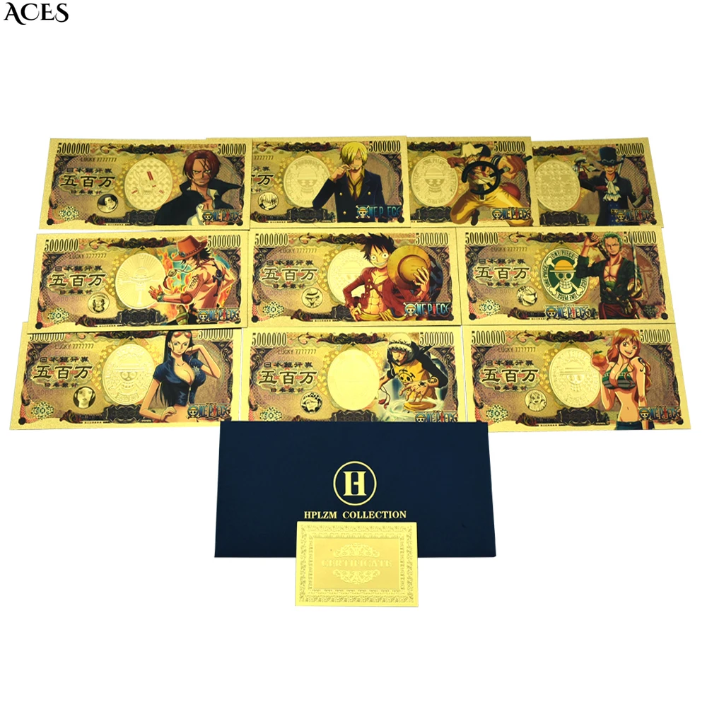 10pcs/envelope One Piece Gold Foil Banknotes 5000000 Yen Anime Money Classic Japanese Anime Card Fun Party Ticket Festival Gift