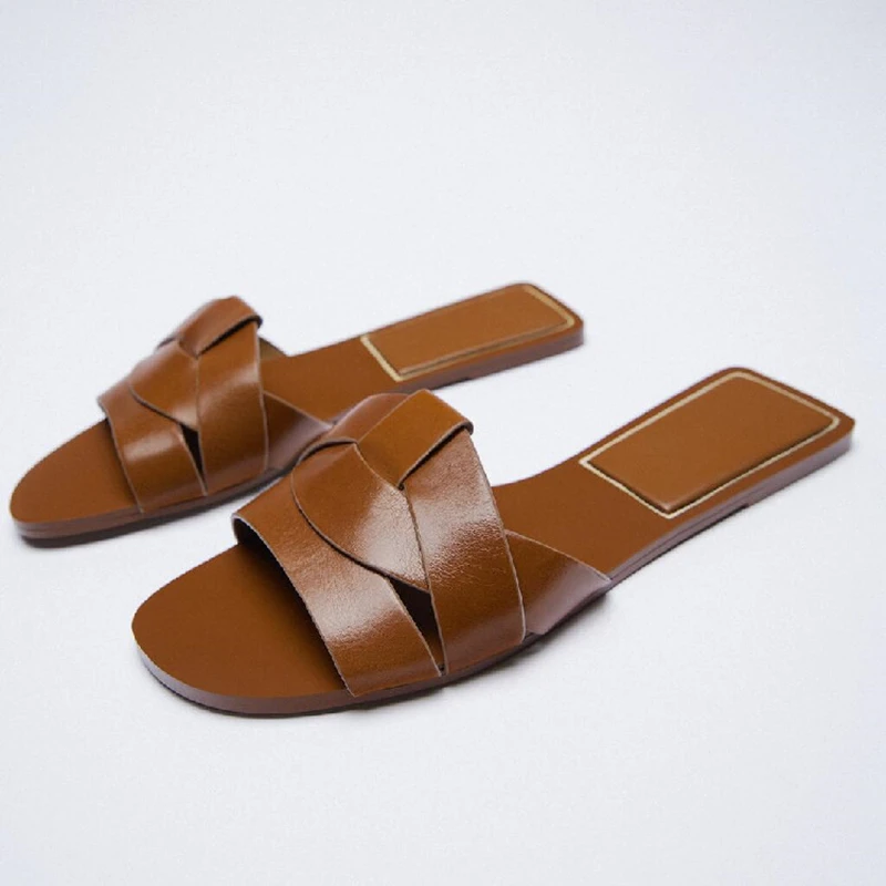 

ZRACK Slippers Women Summer Luxury 2022 New Brown Cross Leather Casual Flat Sandals Brand Woman Beach Shoes Plus Size 41 Femme