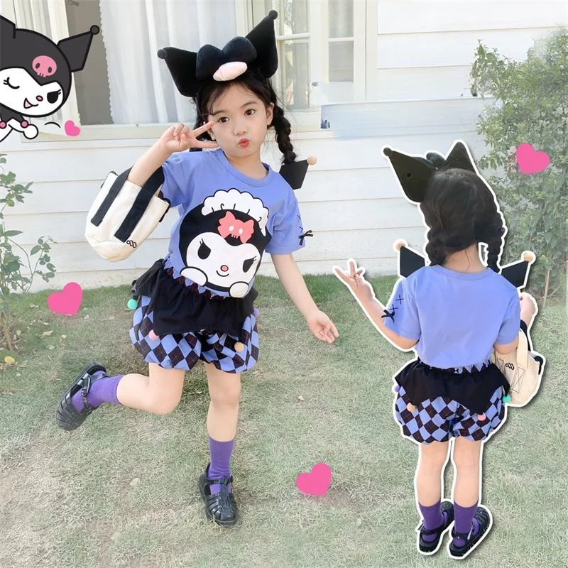 

Костюм Kuromi для девочек, летние новые трехмерные хлопковые шорты в клетку с короткими рукавами и цветочными бутонами, милый мультяшный костюм из двух предметов в стиле Ins