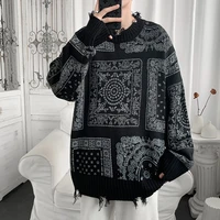 mens fashion cashew flower ripped knit sweater ins japanese loose trend hip hop casual knitted pullover harajuku mens clothes
