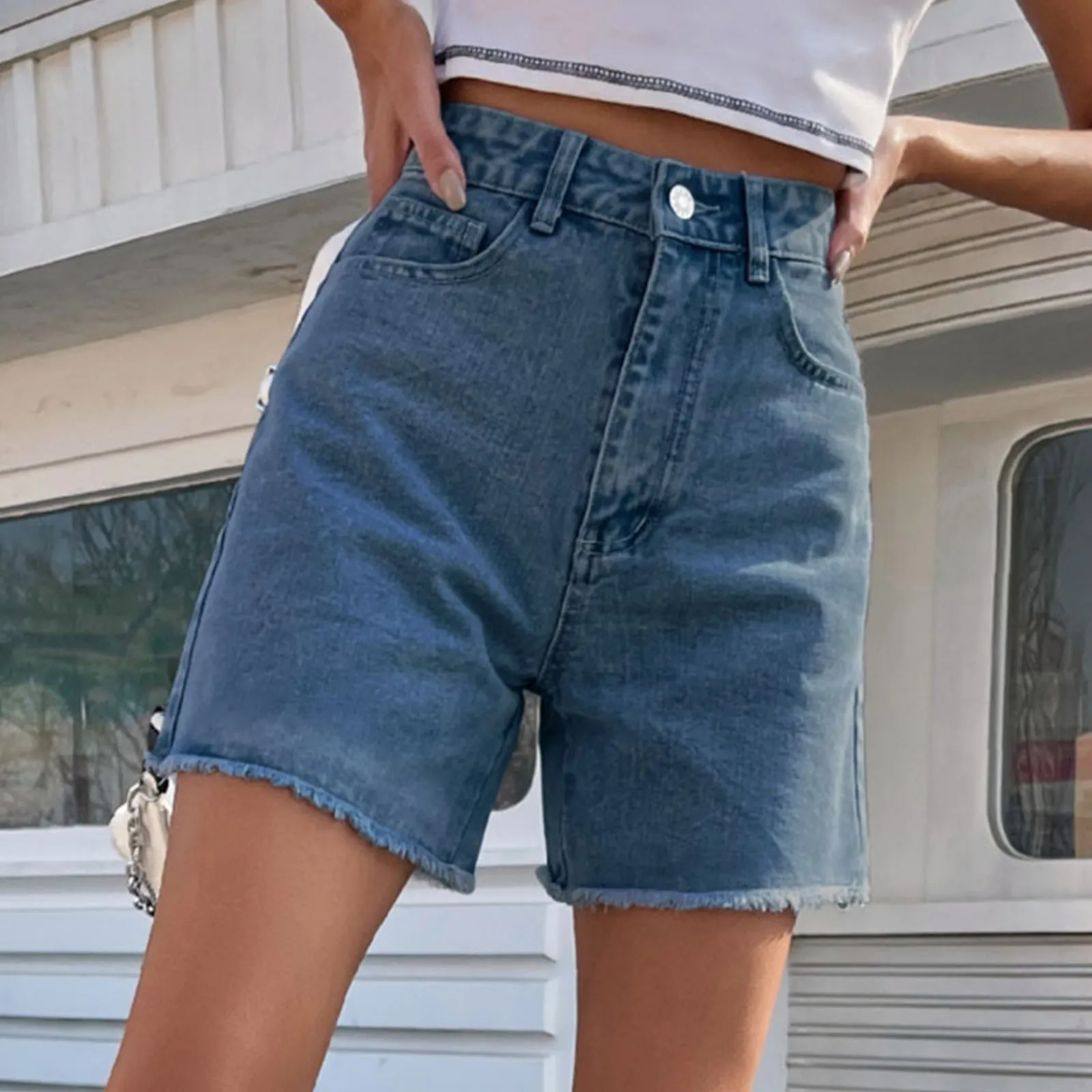 Casual Women'S Denim Shorts Ripped Loose Solid Color Women'S Shorts Slim High Waist Loose Slimming Vacation Holiday Trousers
