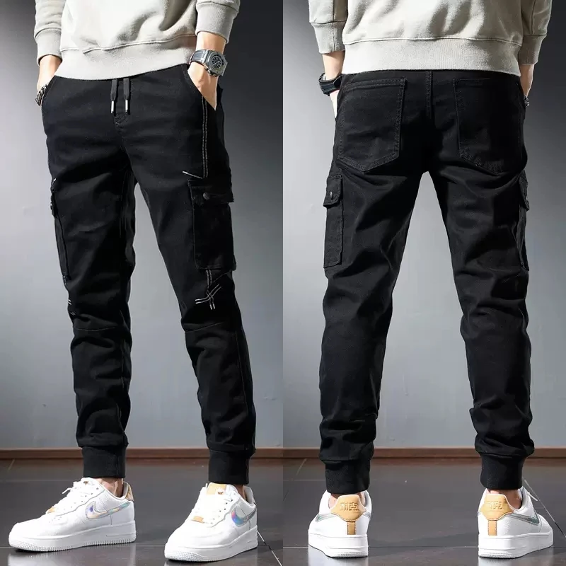 Autumn Black Cargo Pants Jeans Men Streetwear Casual Cotton Slim Fit Elastic Waist Drawstring Trousers CP2083