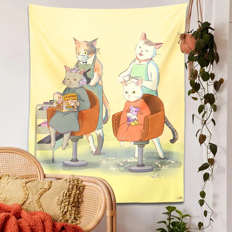 Гобелен с мультяшным котом на стену ткань принтом в стиле бохо для стрижки милым