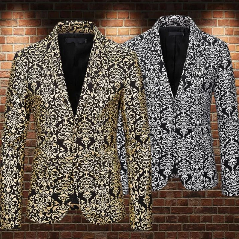 printing suits men blazer Bronzing masculino slim fit coats mens jacket Two buckle floral gold and silver finishes clothes B461