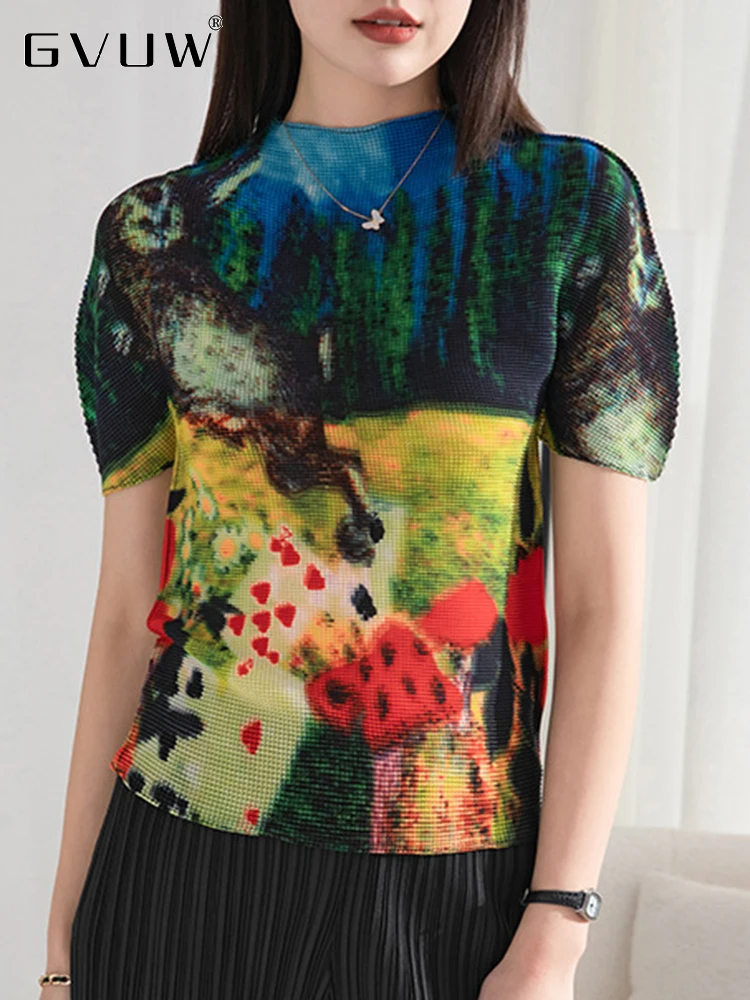 

GVUW 2023 New Summer Pleated Short Sleeve T-shirts For Women Turtleneck Slim Fit Print Female Casual Breathable Clothing 17J0592