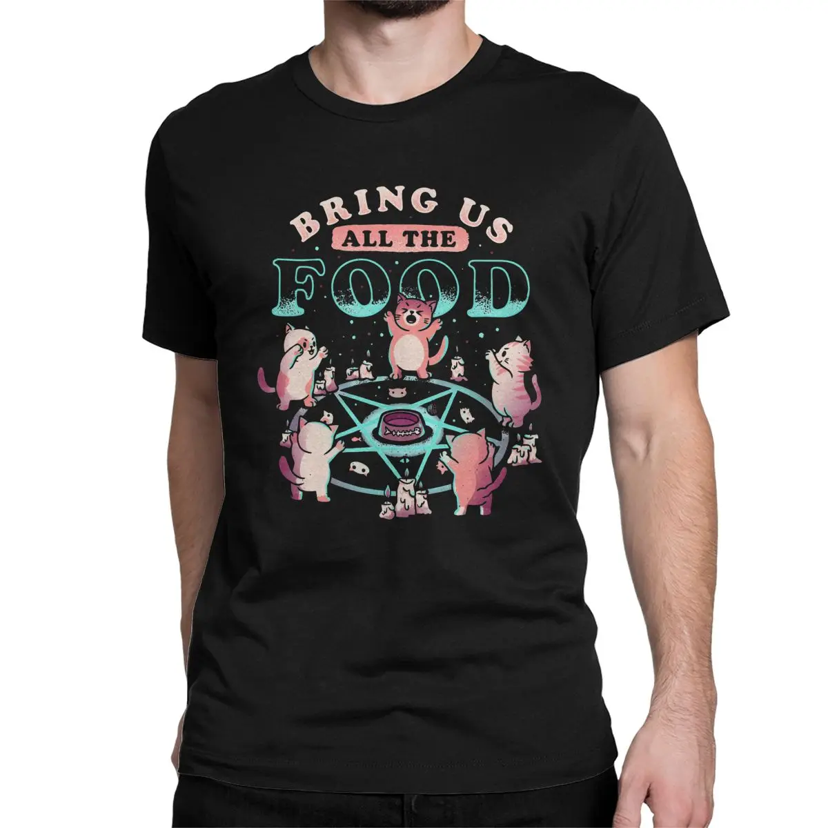 

Японская кавайная мультяшная футболка с надписью «Bring Us All The Food Evil Cat», Забавные футболки с рисунком монстра, женские и мужские ретро футболки