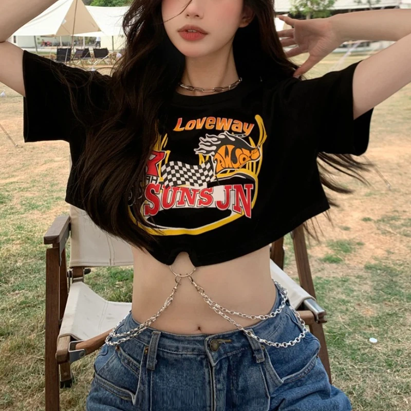 

Sexy Punk Black Harajuku T-Shirt Women Cotton Short Sleeve Chain Crop Retro Printing Letter Tees Female Y2k Crop Tops