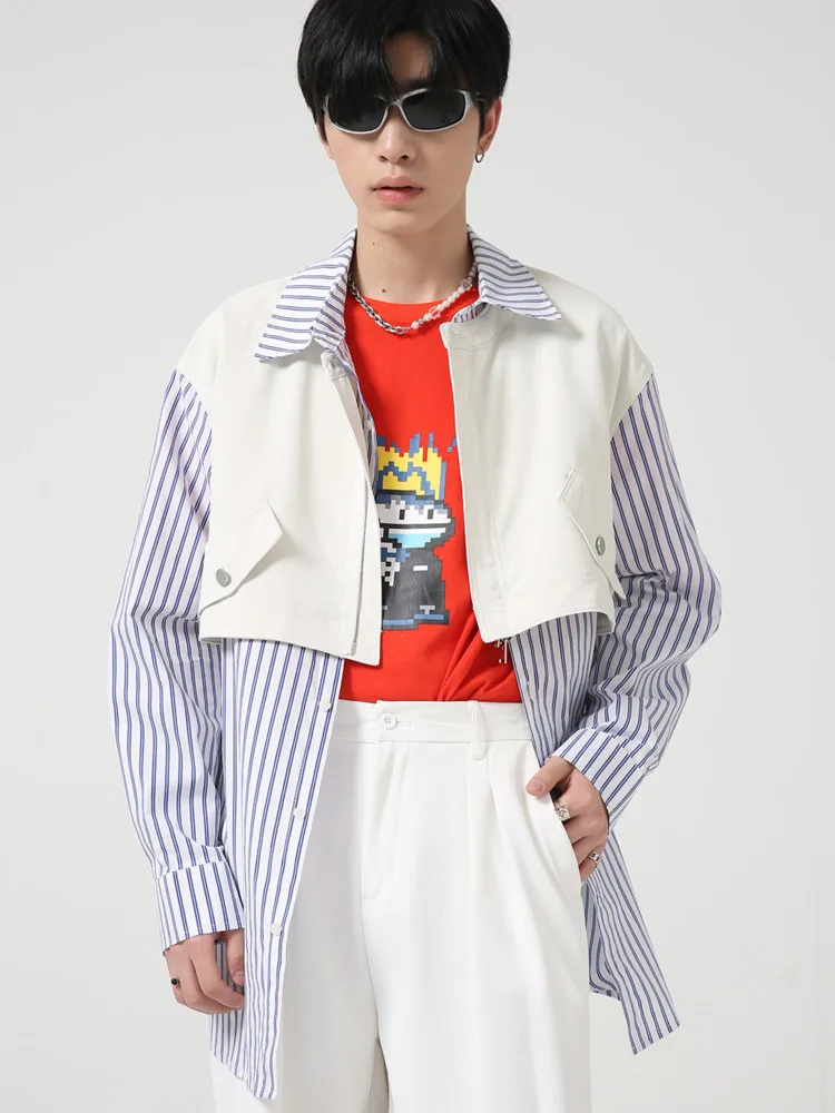 

SYUHGFA 2022 Spring Men's Fake Two Pieces Stripes Patchwork Casual Shirt Korean Style Personalized Fashion Loose Slim Tops Shirt