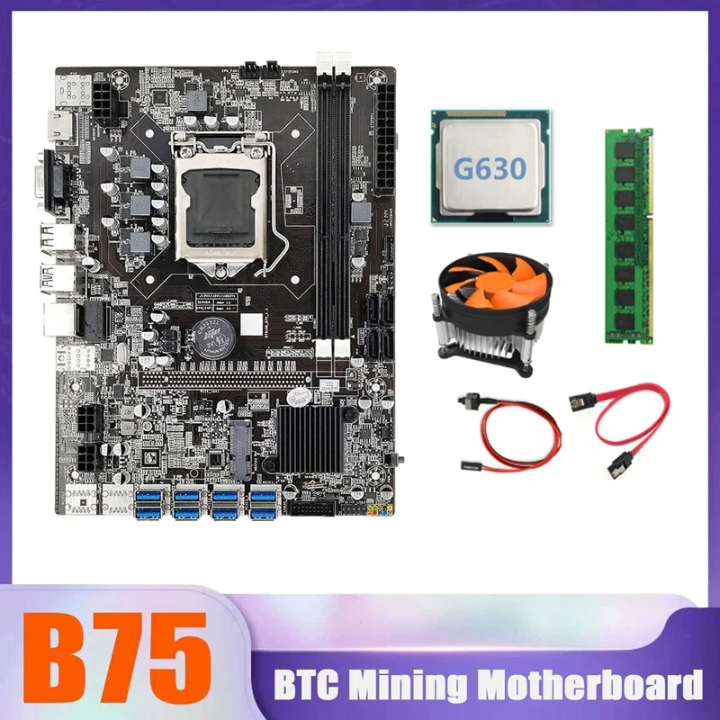 B75 BTC Miner Motherboard 8XUSB+G630 CPU+DDR3 4G 1333Mhz RAM+CPU Cooling Fan+Switch Cable+SATA Cable USB Motherboard