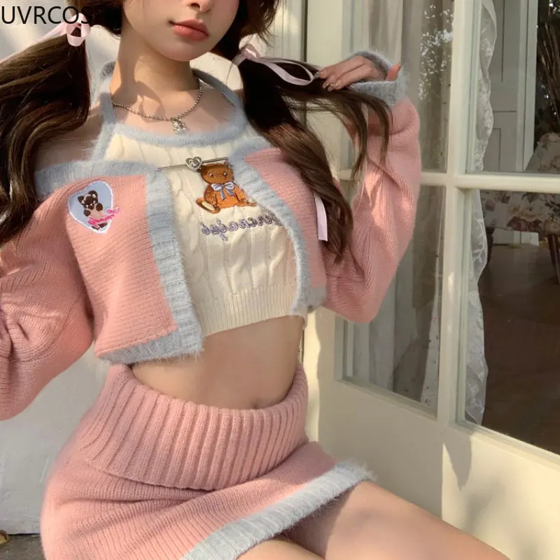 

Autumn Kawaii Lolita Style Pink Skirt Sets Women Korean Fashion Cute Bear Embroidery Knit Cardigan Mini Sweater Skirt Sweet Suit